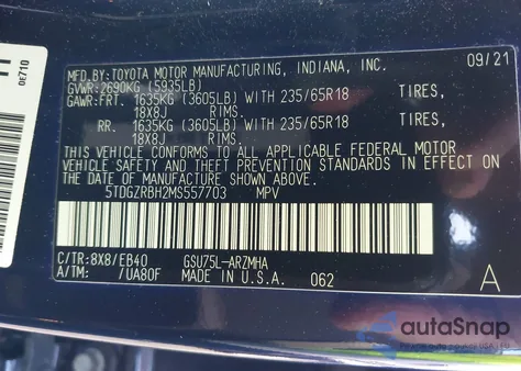 2021 Toyota Highlander Xle z USA, uszkodzony, nr VIN 5TDGZRBH2MS557703